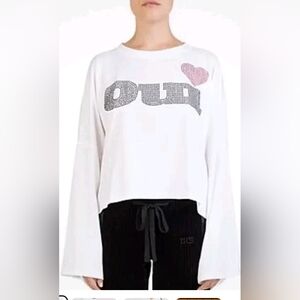 The Kooples White Long Kimono Sleeve Cotton Tee Crystal Embellished "Oui" Size 3